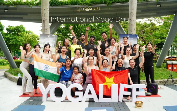 Students and teachers together at an International Yoga Day gathering